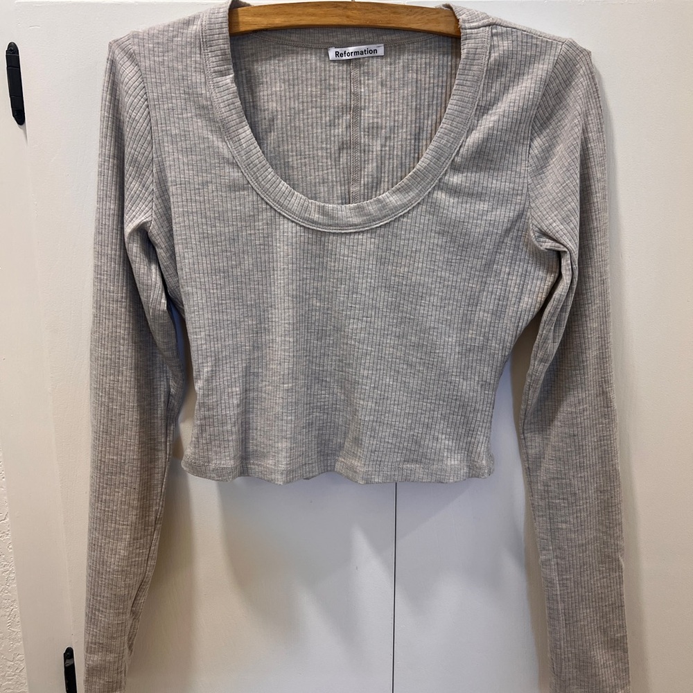 Reformation Gray Ribbed Long Sleeve Top
